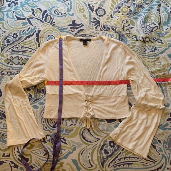 Revamped Tops - #22 Revamped Cream ribbed cropped top with bell sleeves.  Size L